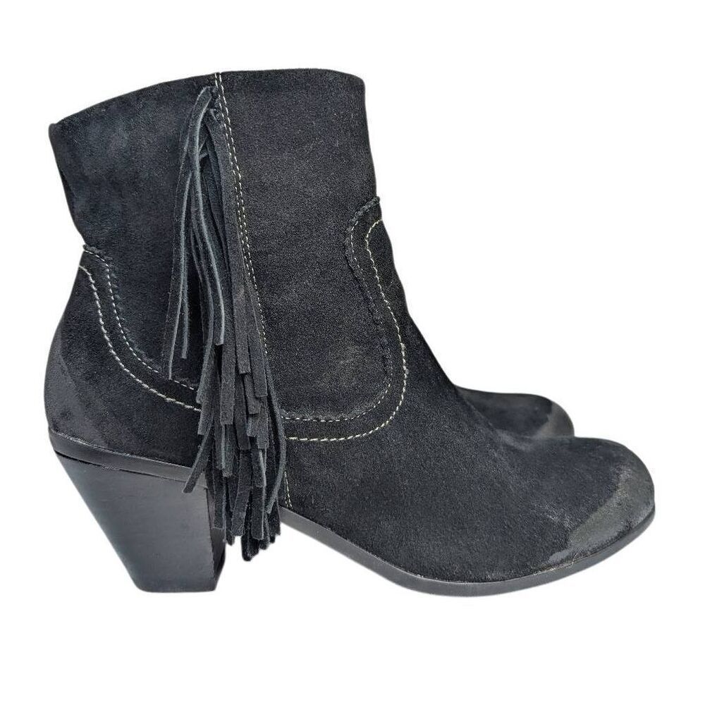 Crown Vintage black suede leather fringe western ankle boots booties 9.5